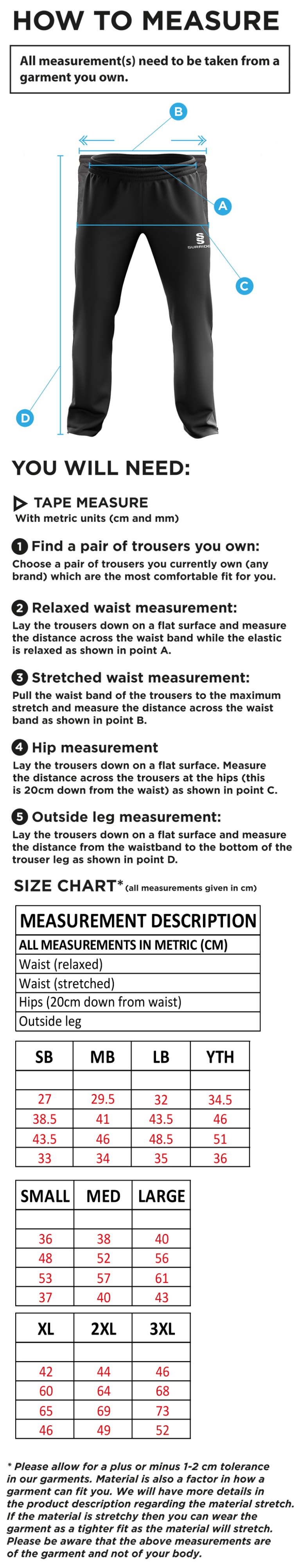 South Hampstead CC - Ripstop Track Pant - Size Guide