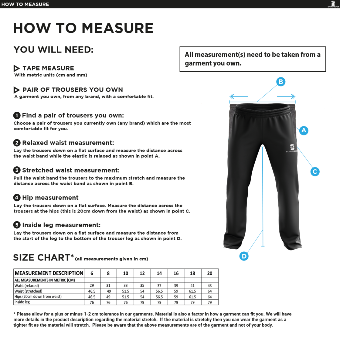 South Hampstead CC - Women's Poplin Track Pant - Size Guide