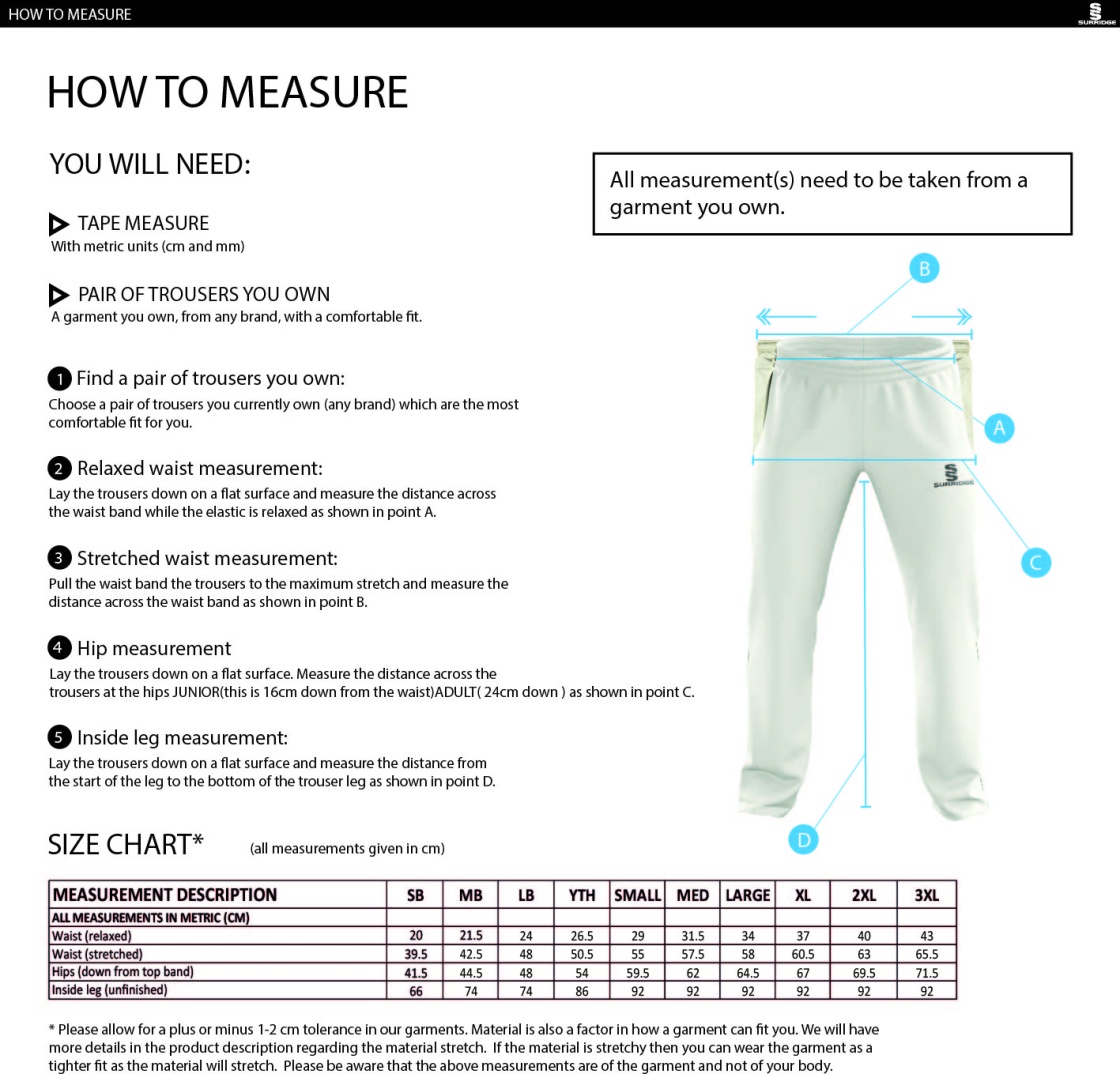 South Hampstead CC - Standard Playing Pant - Size Guide