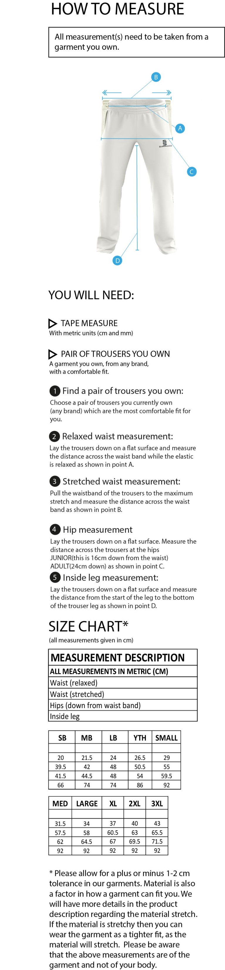 South Hampstead CC - Standard Playing Pant - Size Guide