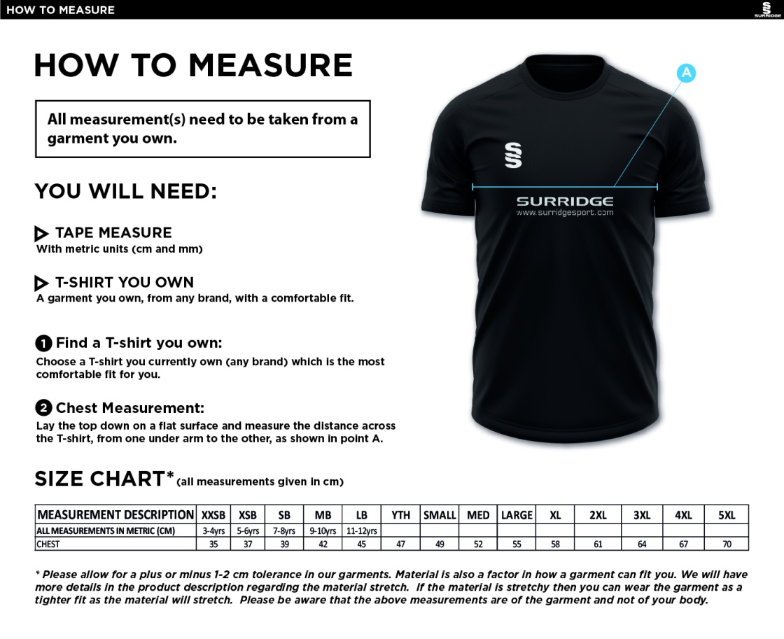 South Hampstead CC - Blade Training Shirt - Size Guide