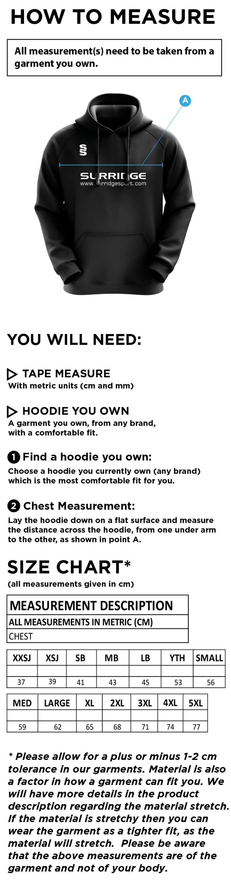 South Hampstead CC - Fuse Hoody - Size Guide