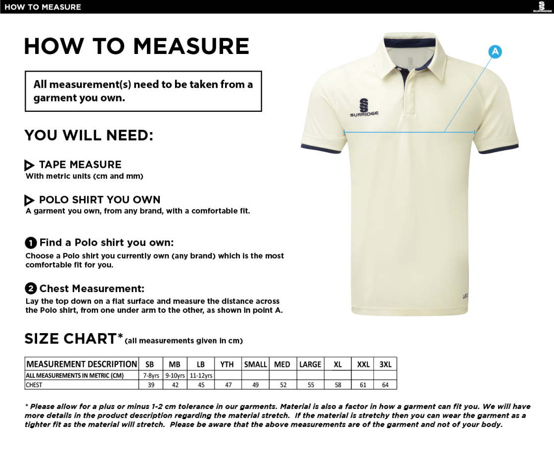 South Hampstead CC - Ergo Short Sleeve Navy Trim Shirt - Size Guide