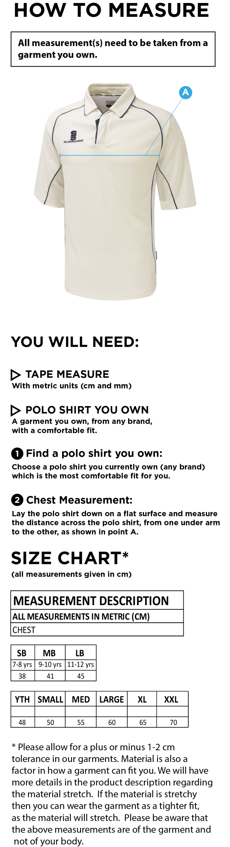 South Hampstead CC - Premier 3/4 Sleeve Navy Trim Shirt - Size Guide