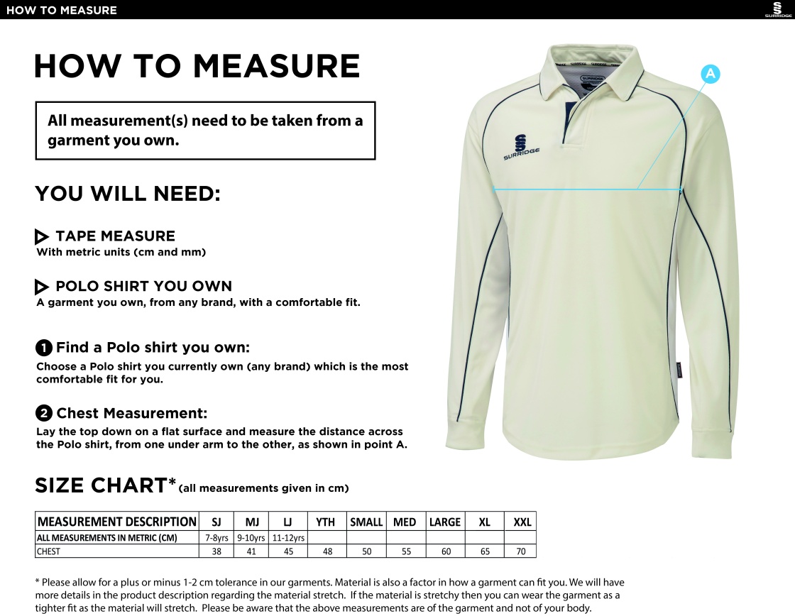 South Hampstead CC - Premier Long Sleeve Navy Trim Shirt - Size Guide