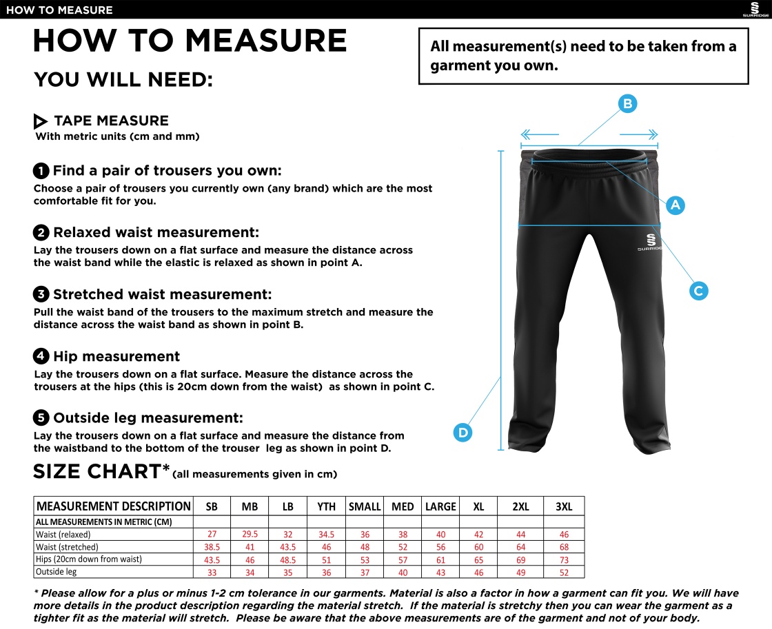 South Hampstead CC - Ripstop Track Pant - Size Guide