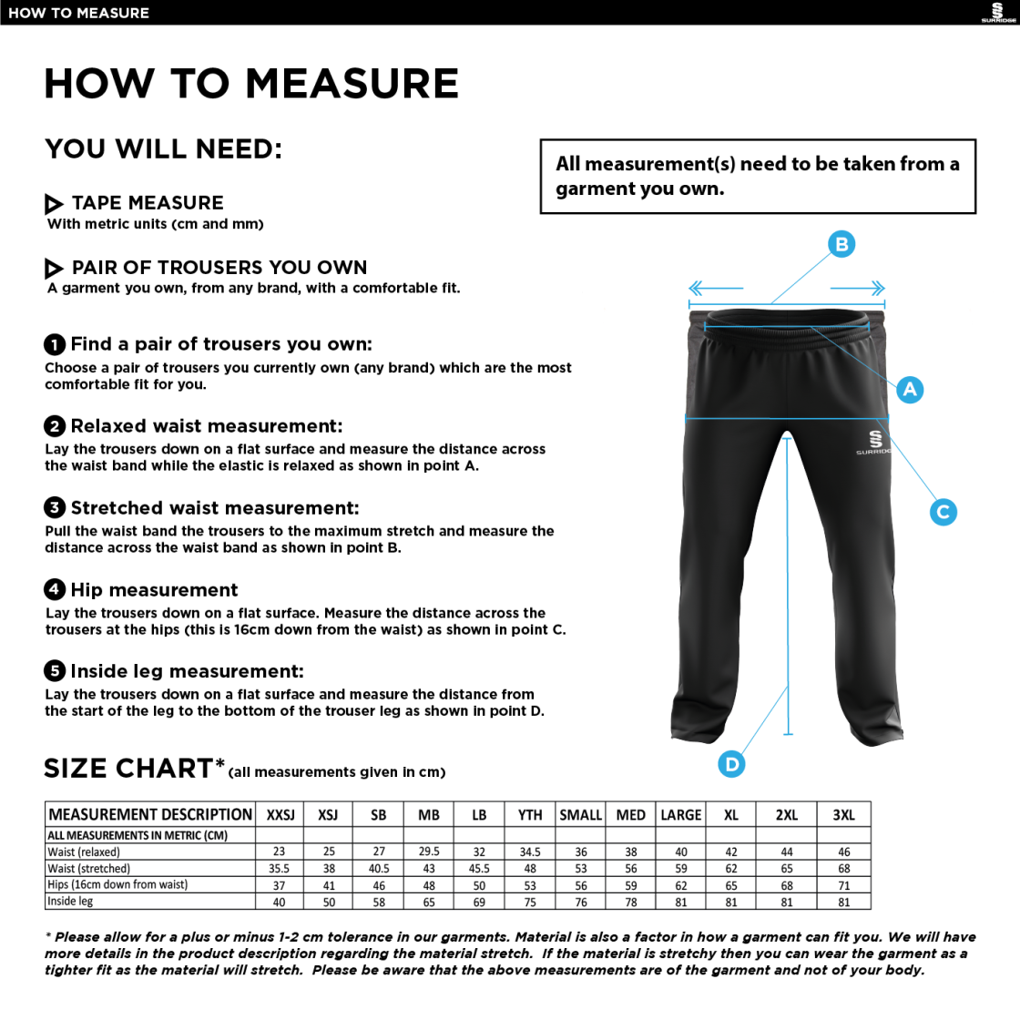 South Hampstead CC - Poplin Track Pant - Size Guide