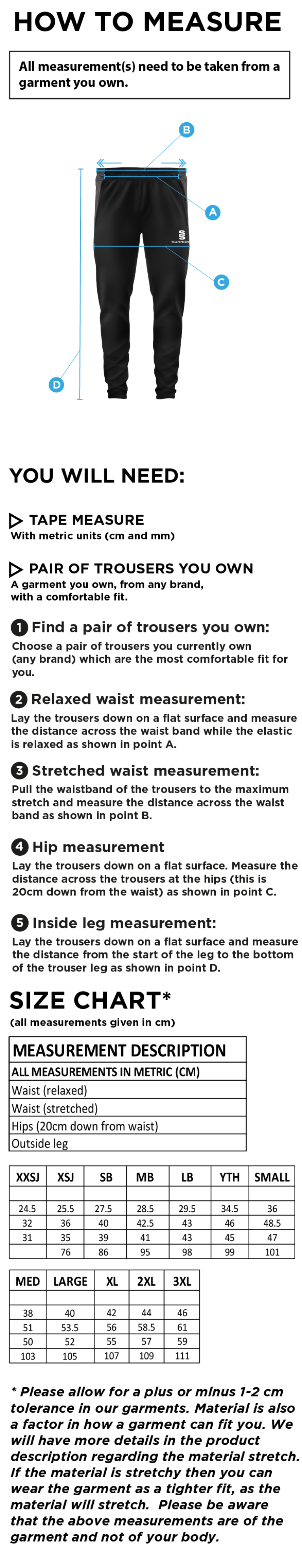 South Hampstead CC - Tek Slim Pant - Size Guide