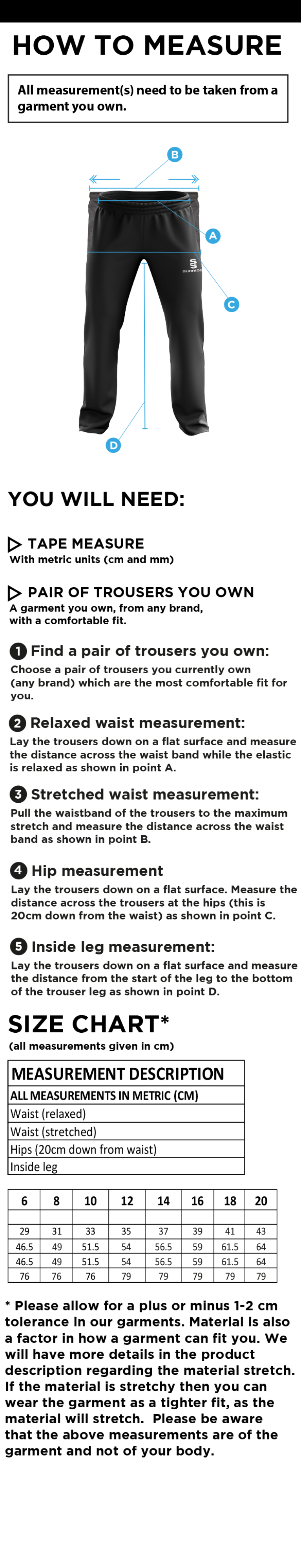 South Hampstead CC - Women's Poplin Track Pant - Size Guide