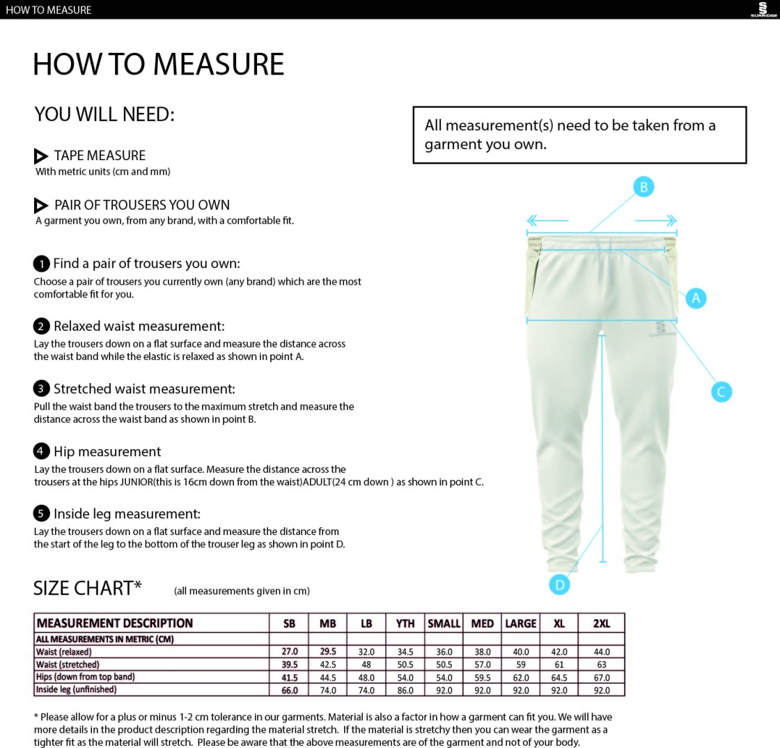 South Hampstead CC - Tek Playing Pant - Size Guide