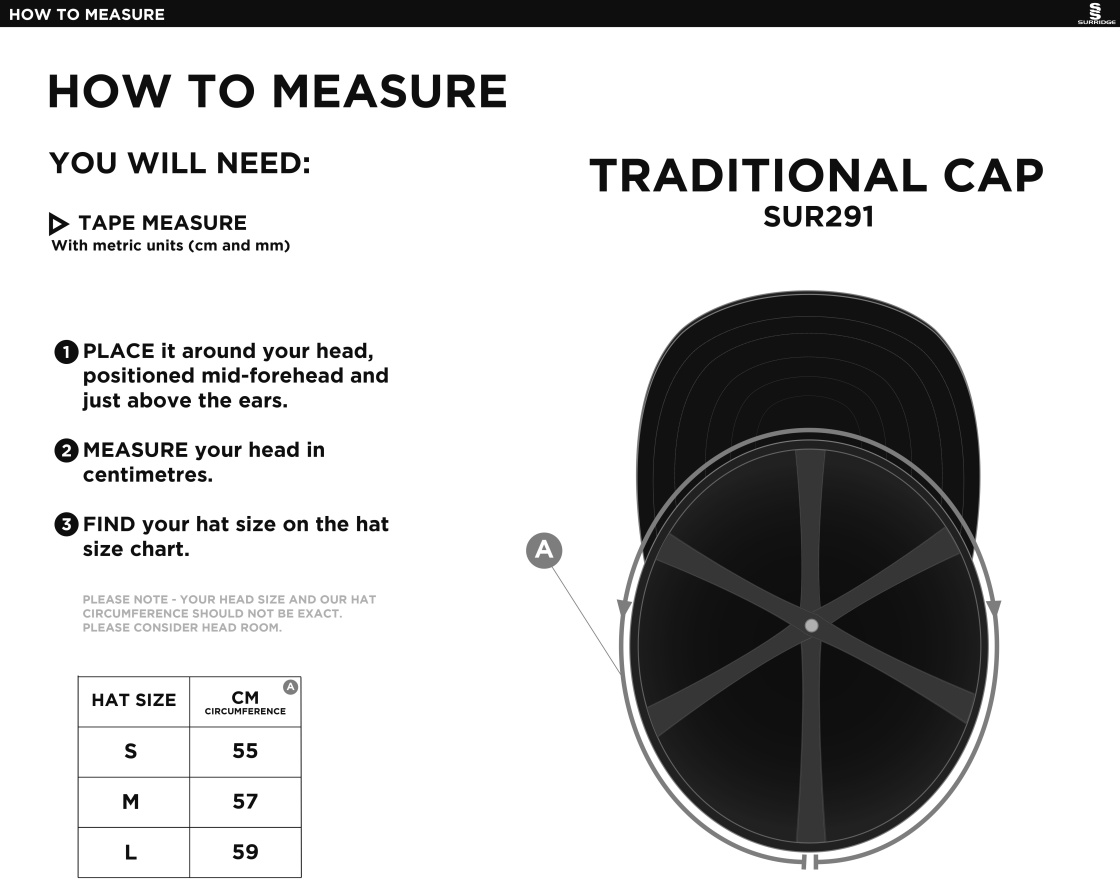 South Hampstead CC - English Playing Cap - Size Guide