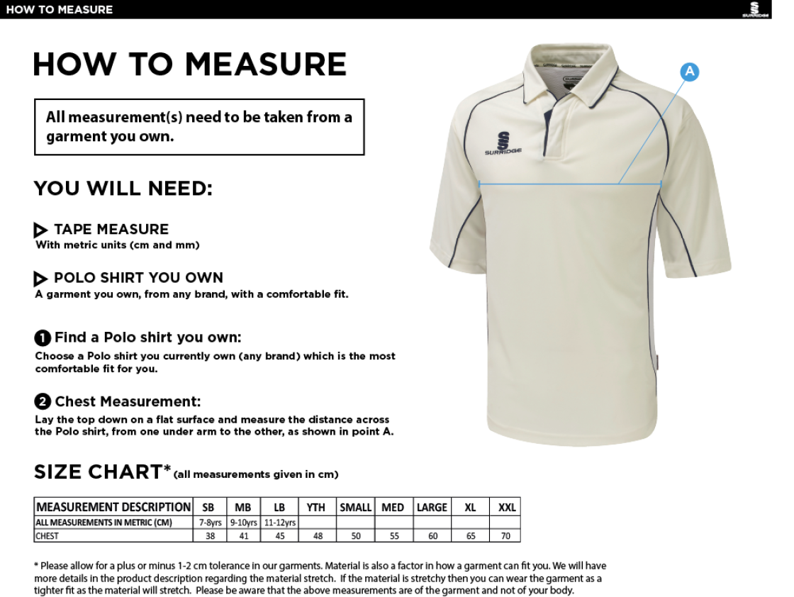 South Hampstead CC - Premier 3/4 Sleeve Navy Trim Shirt - Size Guide