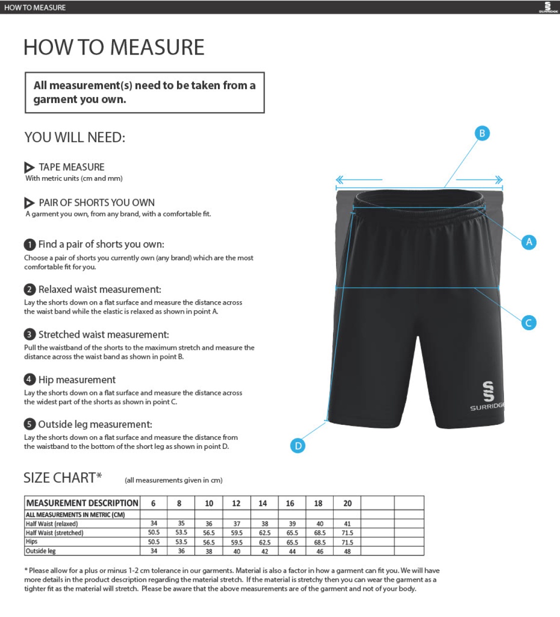 South Hampstead CC - Women's Ripstop Short - Size Guide