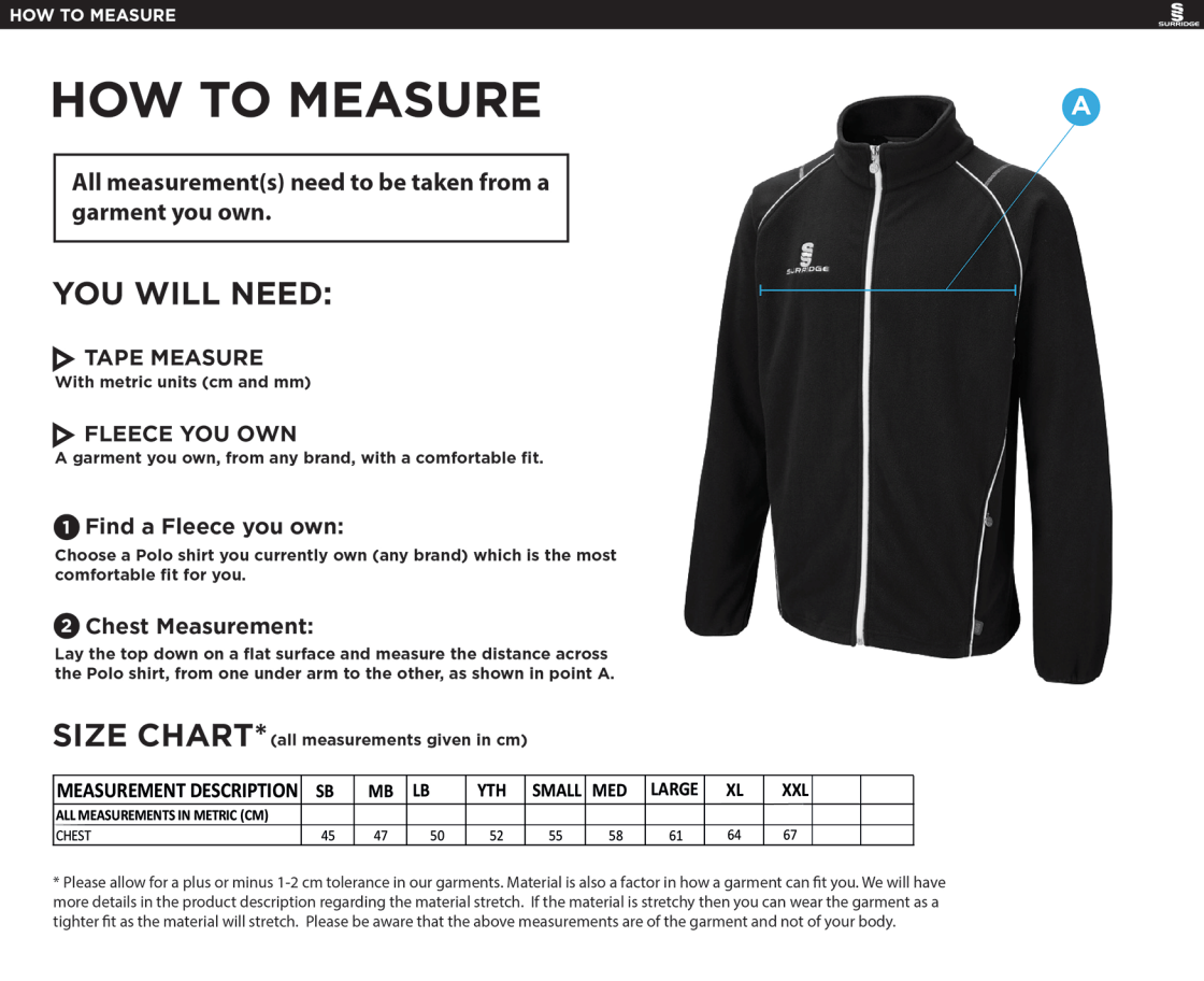 South Hampstead CC - Curve Fleece - Size Guide