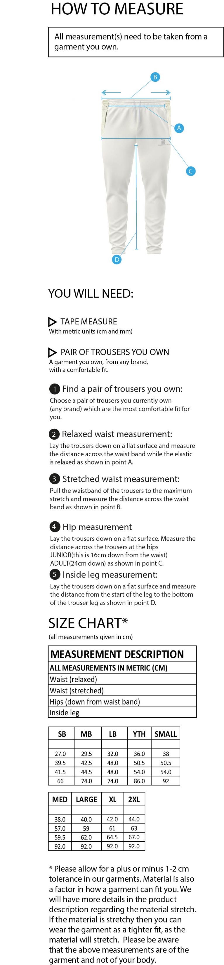 South Hampstead CC - Tek Playing Pant - Size Guide