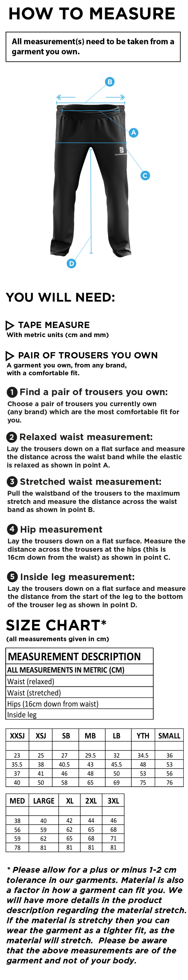 South Hampstead CC - Poplin Track Pant - Size Guide
