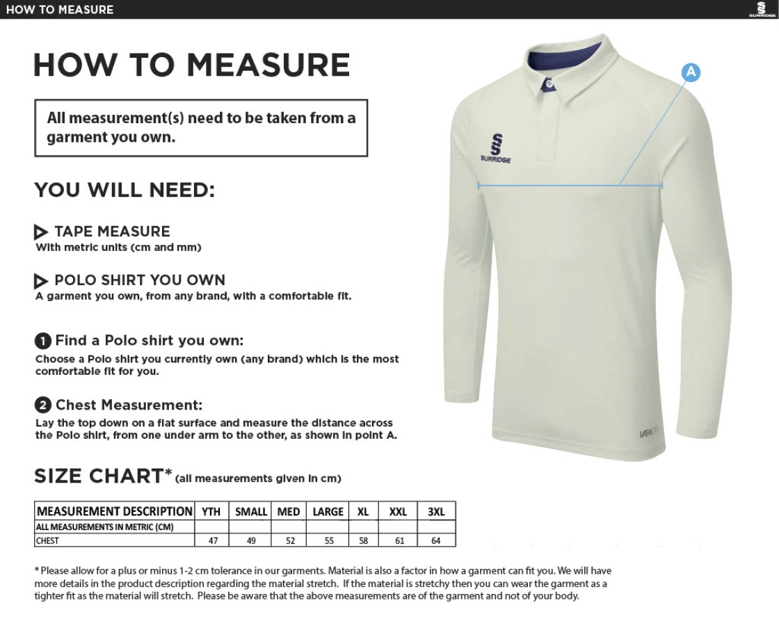 South Hampstead CC - Ergo Long Sleeve Navy Trim Shirt - Size Guide